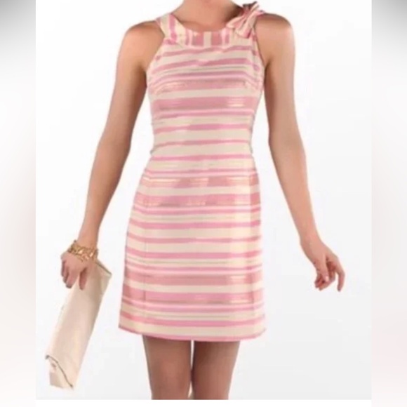 Lilly Pulitzer Elias Pink Gold Metallic Striped Mini Dress Shoulder Bow - Picture 2 of 6